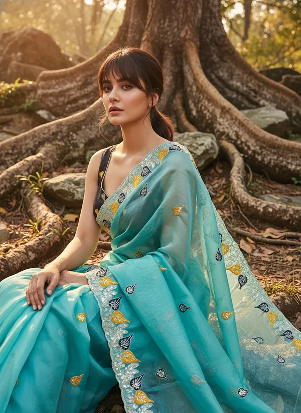 Turquoise_Satin_Tissue_Zari_Sequin_Embroidered_Saree_For_Women_|_With_Blouse_Piece