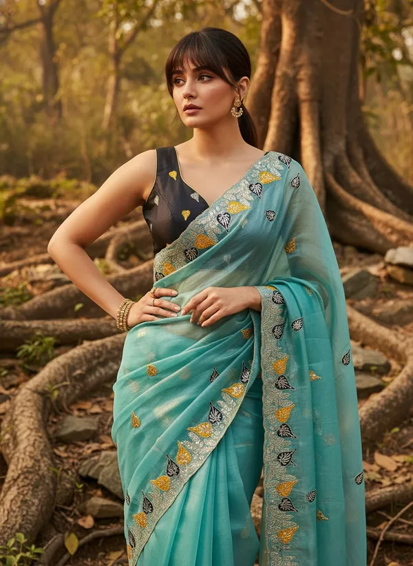 Turquoise_Satin_Tissue_Zari_Sequin_Embroidered_Saree_For_Women_|_With_Blouse_Piece
