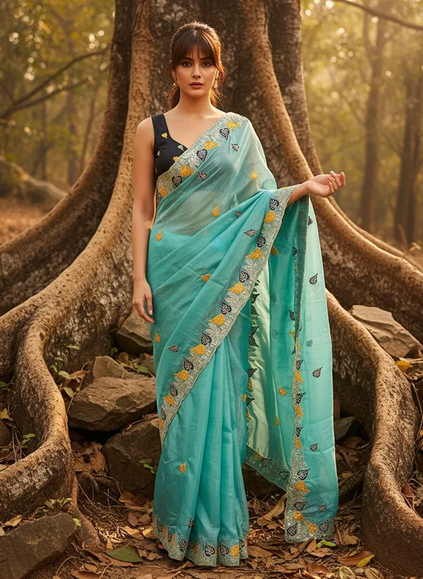 Turquoise_Satin_Tissue_Zari_Sequin_Embroidered_Saree_For_Women_|_With_Blouse_Piece