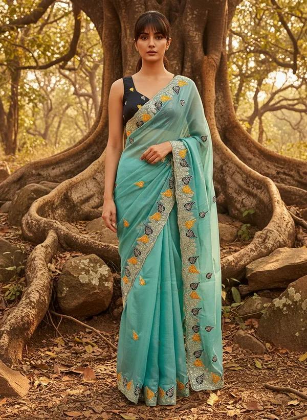 Turquoise_Satin_Tissue_Zari_Sequin_Embroidered_Saree_For_Women_|_With_Blouse_Piece