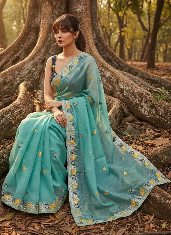 Turquoise_Satin_Tissue_Zari_Sequin_Embroidered_Saree_For_Women_|_With_Blouse_Piece