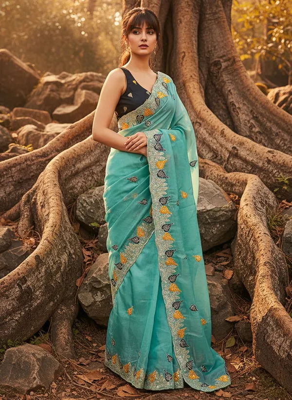 Turquoise_Satin_Tissue_Zari_Sequin_Embroidered_Saree_For_Women_|_With_Blouse_Piece