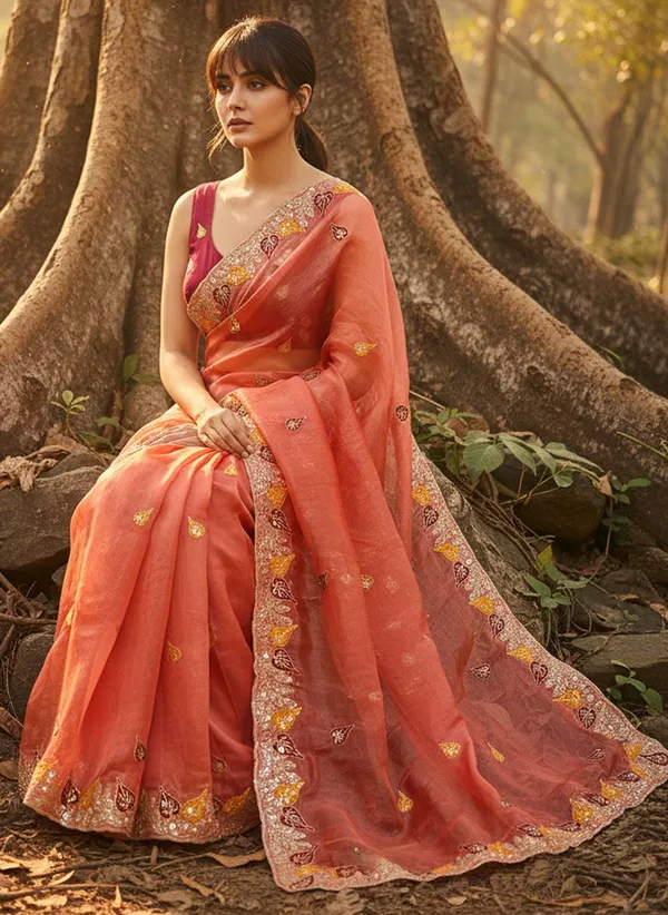 Peach_Satin_Floral_Print_Bollywood_Saree_For_Women_|_With_Blouse_Piece
