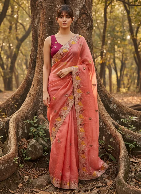 Peach_Satin_Floral_Print_Bollywood_Saree_For_Women_|_With_Blouse_Piece