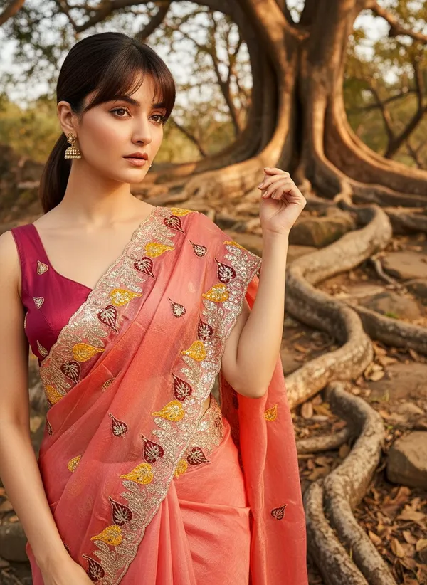 Peach_Satin_Floral_Print_Bollywood_Saree_For_Women_|_With_Blouse_Piece