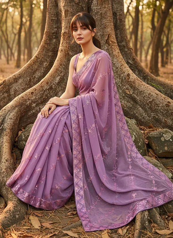 Lavender_Georgette_Sequin_Embroidered_Saree_For_Women_|_With_Blouse_Piece