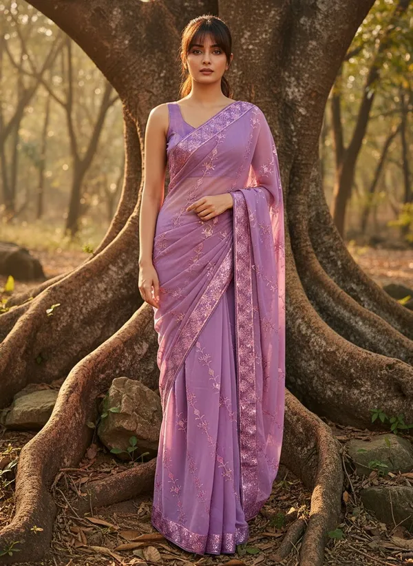 Lavender_Georgette_Sequin_Embroidered_Saree_For_Women_|_With_Blouse_Piece
