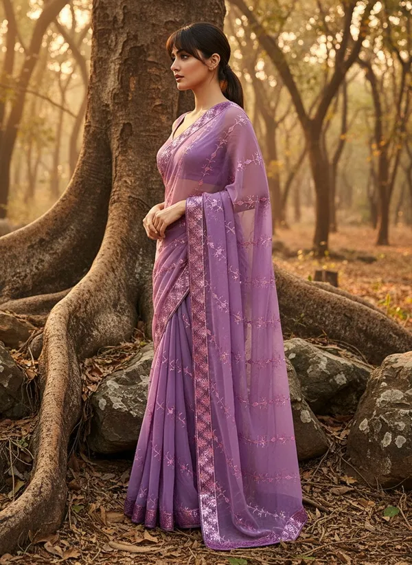 Lavender_Georgette_Sequin_Embroidered_Saree_For_Women_|_With_Blouse_Piece