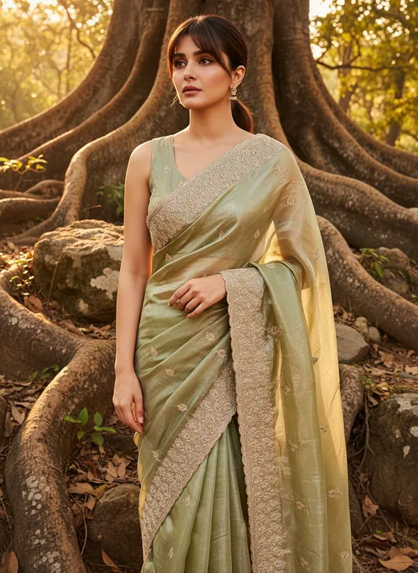 Olive_Satin_Tissue_Zari_Embroidered_Floral_Butta_Saree_For_Women_|_With_Blouse_Piece