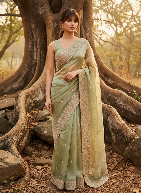 Olive_Satin_Tissue_Zari_Embroidered_Floral_Butta_Saree_For_Women_|_With_Blouse_Piece
