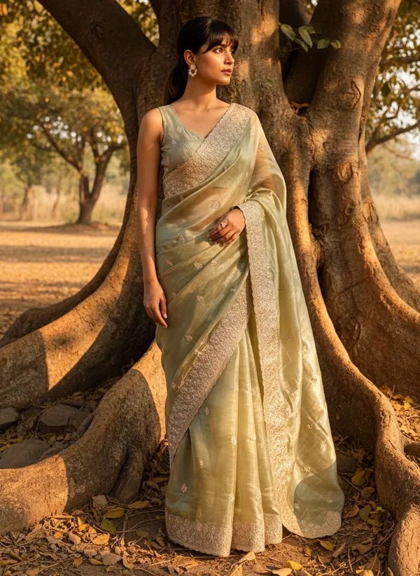 Olive_Satin_Tissue_Zari_Embroidered_Floral_Butta_Saree_For_Women_|_With_Blouse_Piece