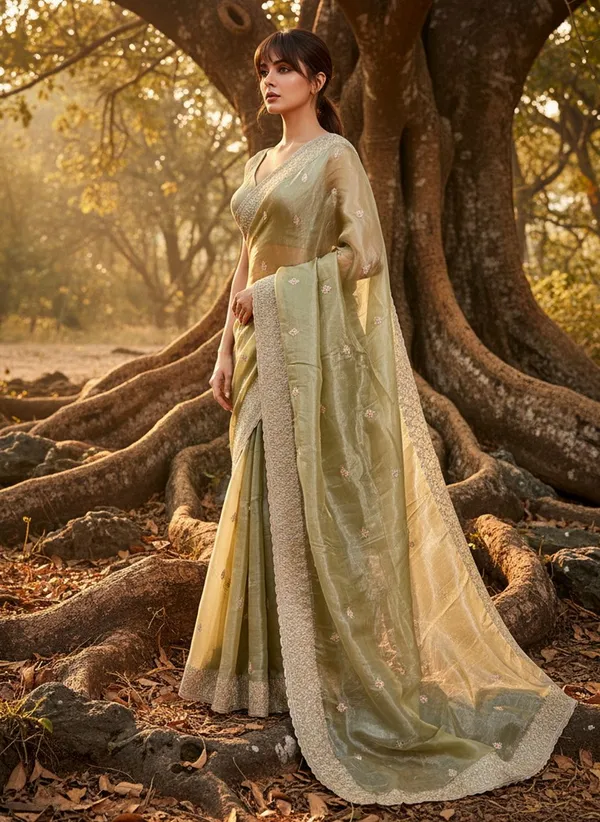 Olive_Satin_Tissue_Zari_Embroidered_Floral_Butta_Saree_For_Women_|_With_Blouse_Piece