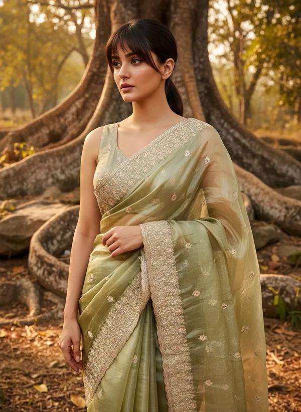 Olive_Satin_Tissue_Zari_Embroidered_Floral_Butta_Saree_For_Women_|_With_Blouse_Piece