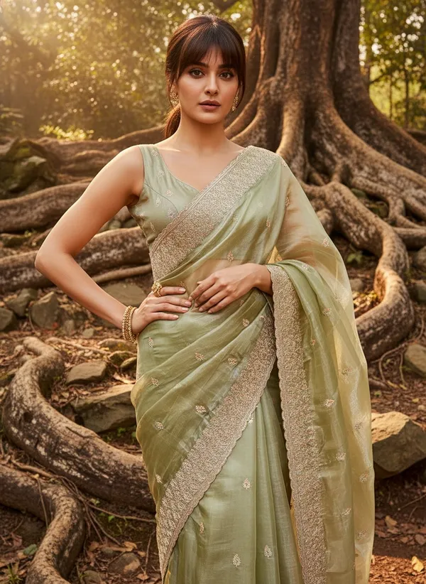 Olive_Satin_Tissue_Zari_Embroidered_Floral_Butta_Saree_For_Women_|_With_Blouse_Piece