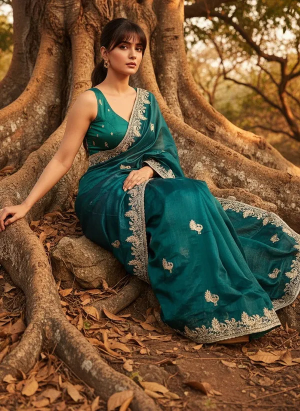 Dark_Green_Satin_Tissue_Embroidered_Saree_For_Women_|_With_Blouse_Piece