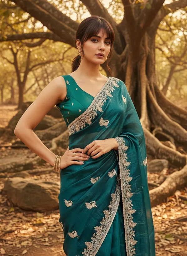 Dark_Green_Satin_Tissue_Embroidered_Saree_For_Women_|_With_Blouse_Piece