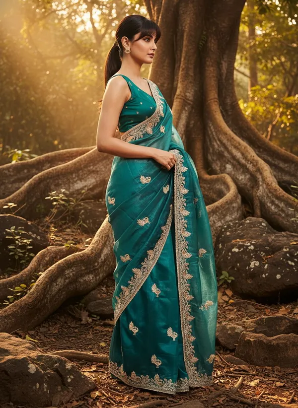 Dark_Green_Satin_Tissue_Embroidered_Saree_For_Women_|_With_Blouse_Piece
