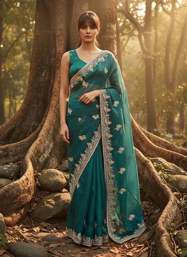 Dark_Green_Satin_Tissue_Embroidered_Saree_For_Women_|_With_Blouse_Piece