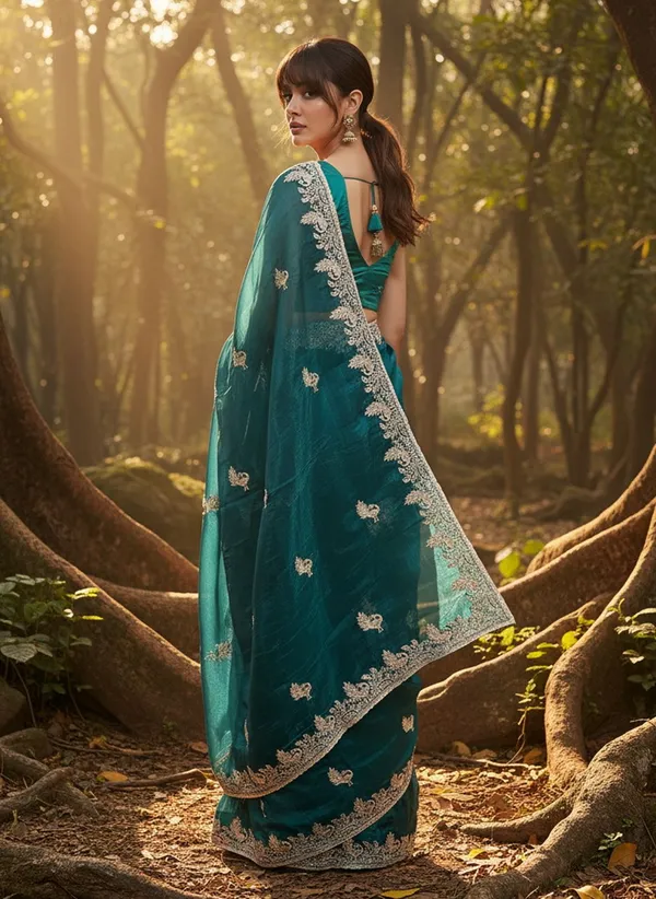 Dark_Green_Satin_Tissue_Embroidered_Saree_For_Women_|_With_Blouse_Piece