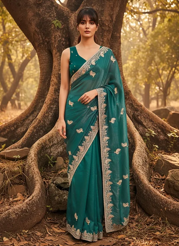Dark_Green_Satin_Tissue_Embroidered_Saree_For_Women_|_With_Blouse_Piece