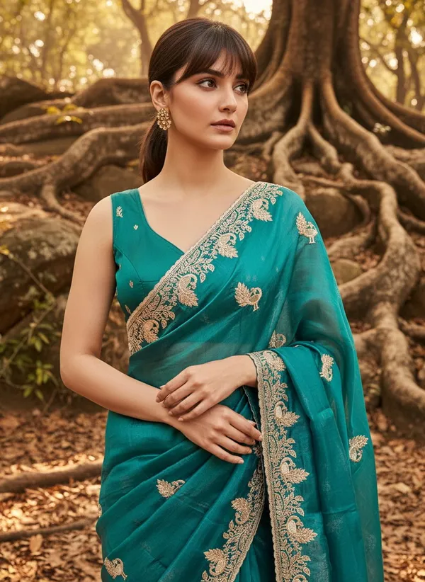Dark_Green_Satin_Tissue_Embroidered_Saree_For_Women_|_With_Blouse_Piece