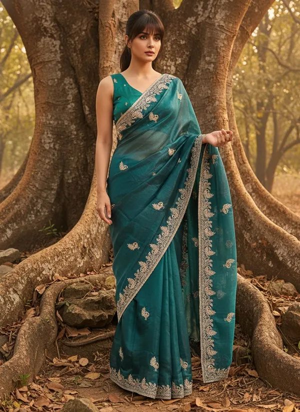 Dark_Green_Satin_Tissue_Embroidered_Saree_For_Women_|_With_Blouse_Piece
