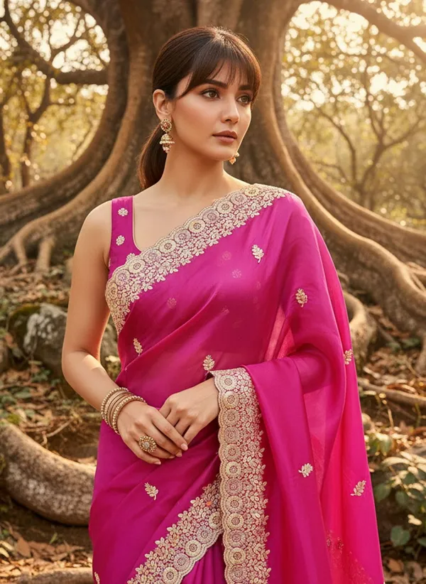 Magenta_Satin_Tissue_Zari_Thread_Embroidered_Leaf_Motif_Saree_For_Women_|_With_Blouse_Piece