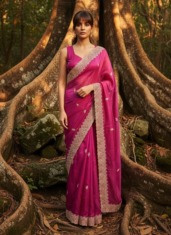 Magenta_Satin_Tissue_Zari_Thread_Embroidered_Leaf_Motif_Saree_For_Women_|_With_Blouse_Piece
