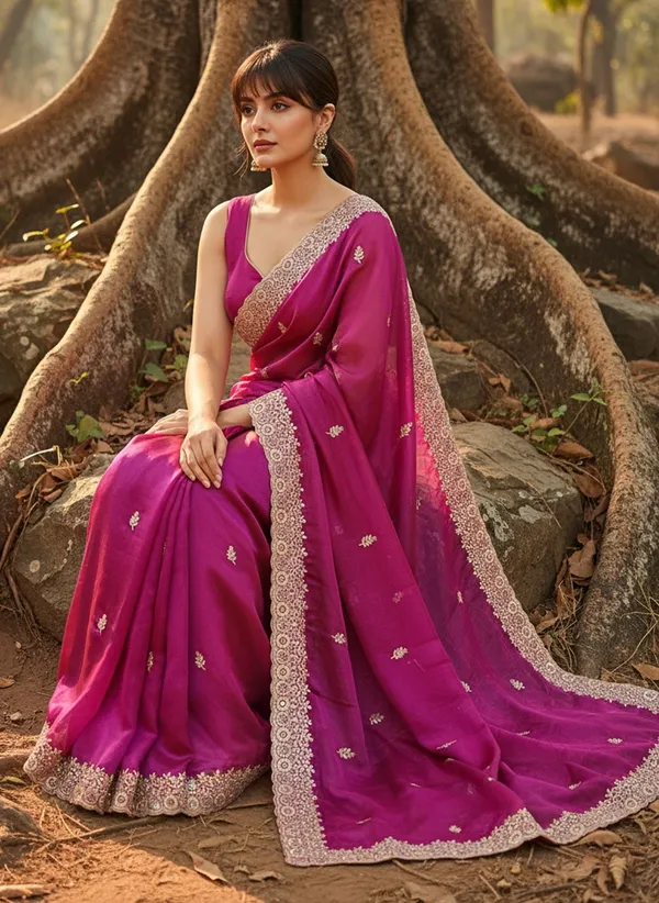 Magenta_Satin_Tissue_Zari_Thread_Embroidered_Leaf_Motif_Saree_For_Women_|_With_Blouse_Piece