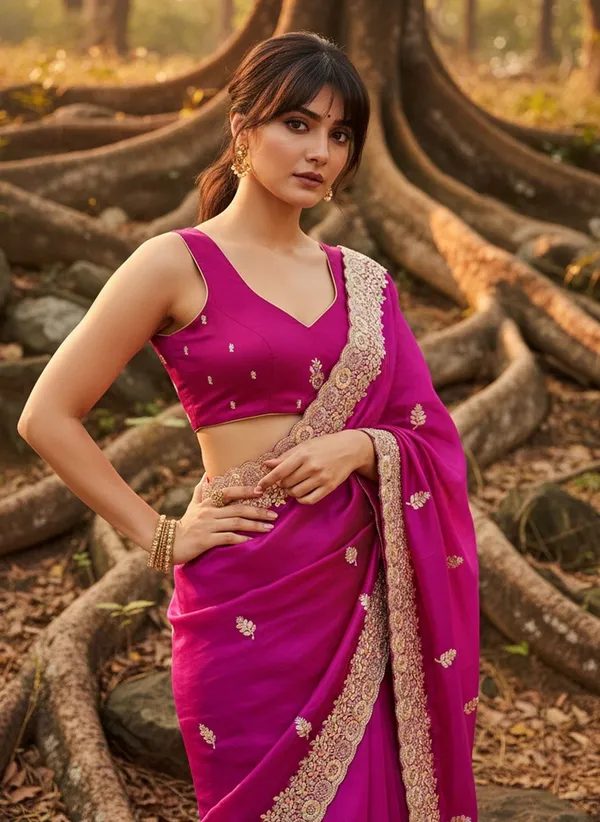 Magenta_Satin_Tissue_Zari_Thread_Embroidered_Leaf_Motif_Saree_For_Women_|_With_Blouse_Piece