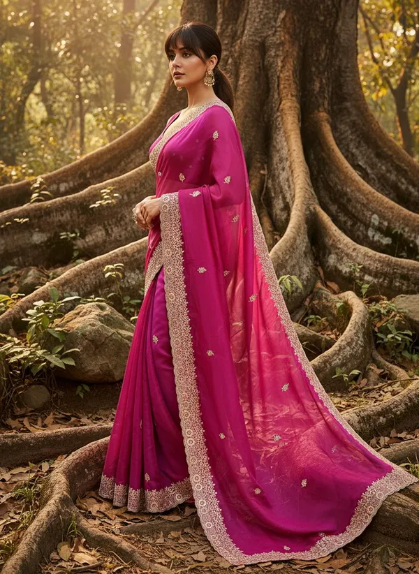 Magenta_Satin_Tissue_Zari_Thread_Embroidered_Leaf_Motif_Saree_For_Women_|_With_Blouse_Piece
