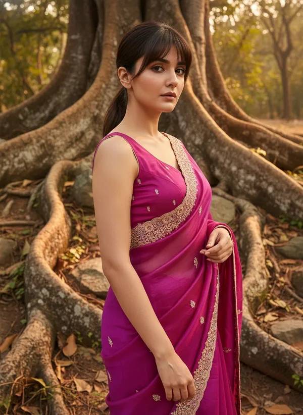 Magenta_Satin_Tissue_Zari_Thread_Embroidered_Leaf_Motif_Saree_For_Women_|_With_Blouse_Piece