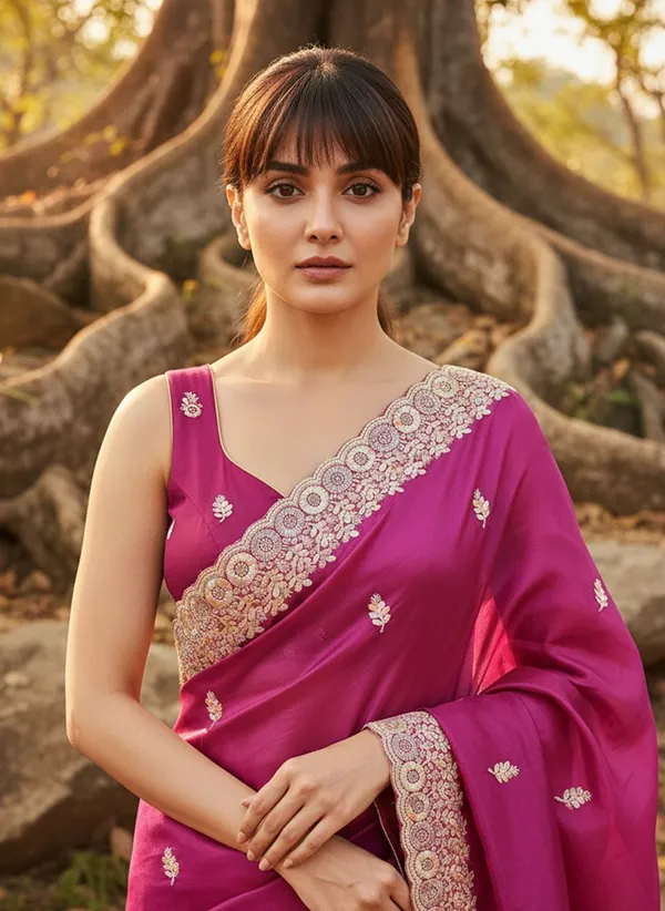 Magenta_Satin_Tissue_Zari_Thread_Embroidered_Leaf_Motif_Saree_For_Women_|_With_Blouse_Piece