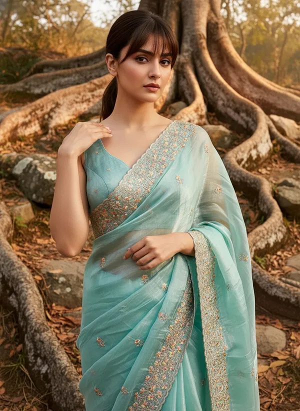 Turquoise_Satin_Tissue_Embroidered_Saree_For_Women_|_With_Blouse_Piece