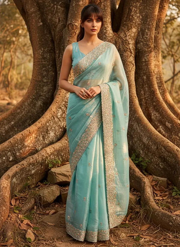 Turquoise_Satin_Tissue_Embroidered_Saree_For_Women_|_With_Blouse_Piece