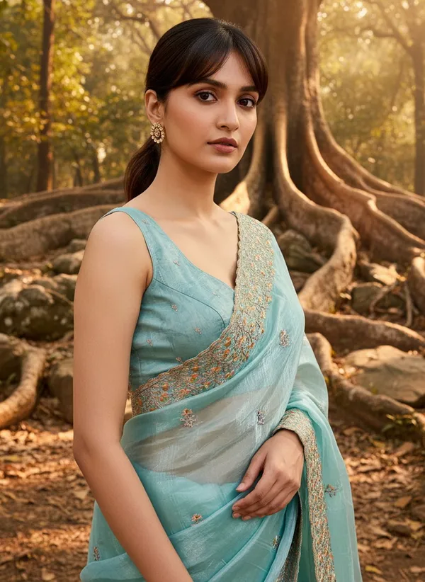 Turquoise_Satin_Tissue_Embroidered_Saree_For_Women_|_With_Blouse_Piece