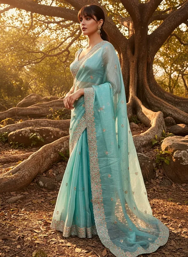 Turquoise_Satin_Tissue_Embroidered_Saree_For_Women_|_With_Blouse_Piece