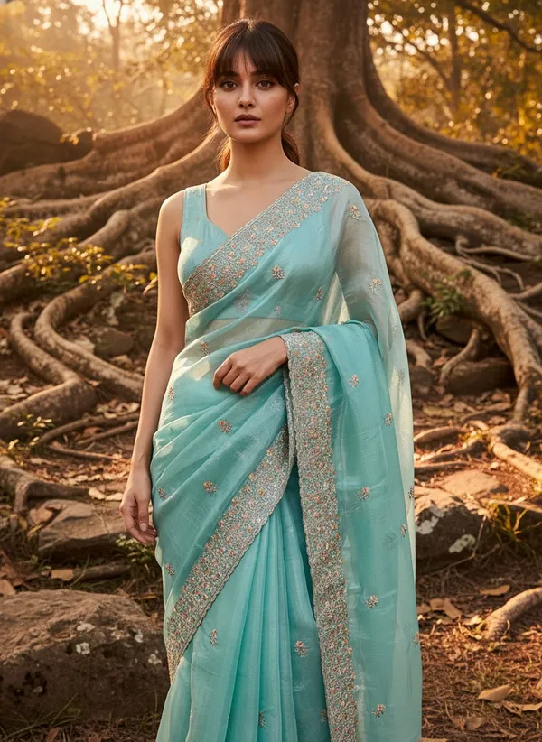 Turquoise_Satin_Tissue_Embroidered_Saree_For_Women_|_With_Blouse_Piece