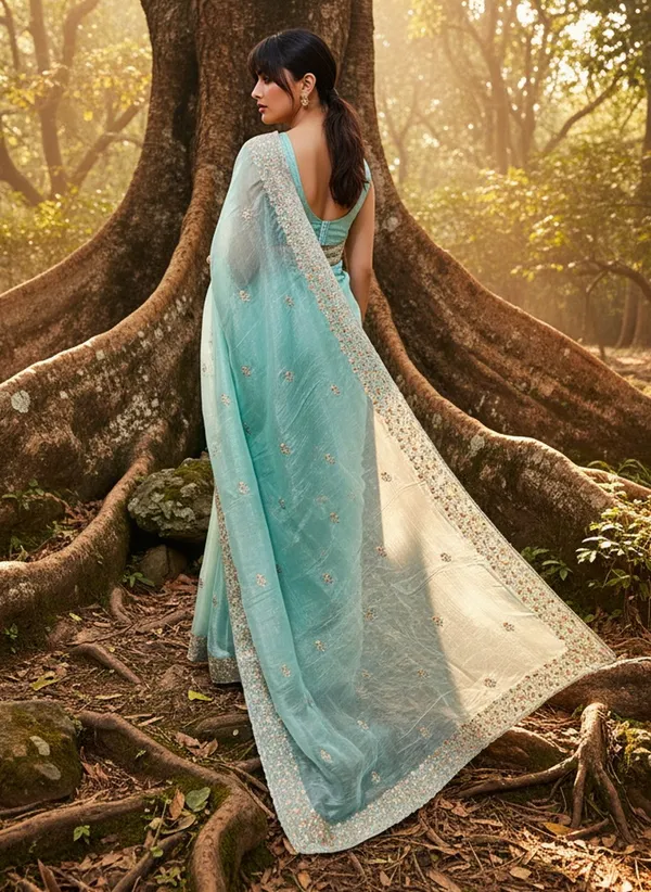 Turquoise_Satin_Tissue_Embroidered_Saree_For_Women_|_With_Blouse_Piece
