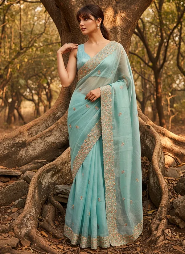 Turquoise_Satin_Tissue_Embroidered_Saree_For_Women_|_With_Blouse_Piece