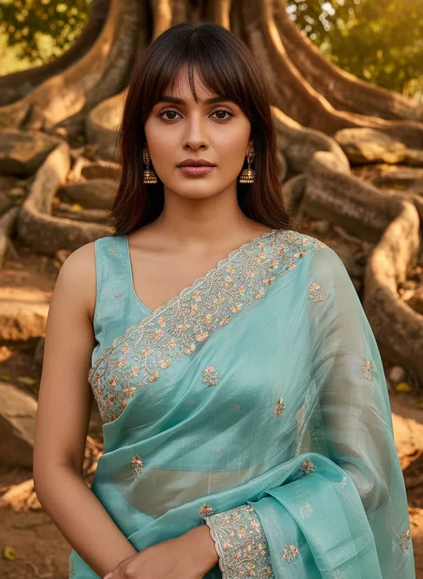 Turquoise_Satin_Tissue_Embroidered_Saree_For_Women_|_With_Blouse_Piece