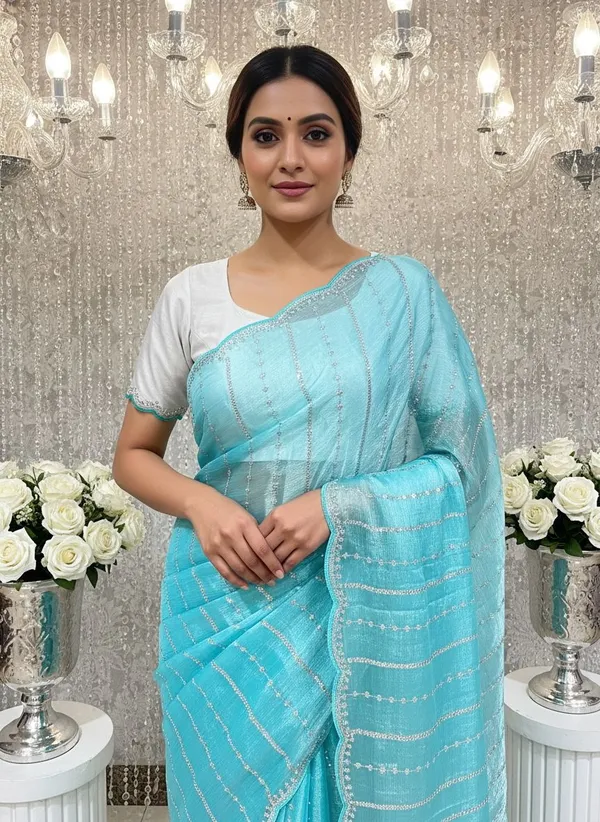 Light_Blue_Organza_Chiffon_Embroidered_Sequin_Zari_Saree_For_Women_|_With_Blouse_Piece