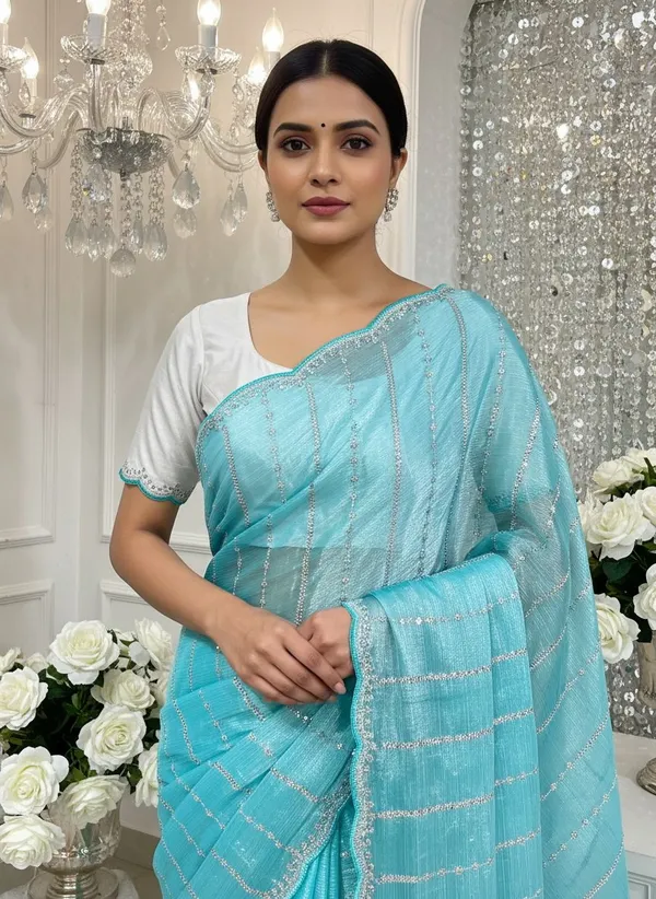 Light_Blue_Organza_Chiffon_Embroidered_Sequin_Zari_Saree_For_Women_|_With_Blouse_Piece