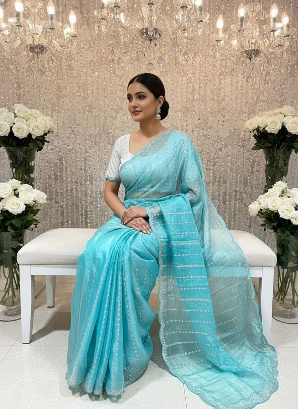 Light_Blue_Organza_Chiffon_Embroidered_Sequin_Zari_Saree_For_Women_|_With_Blouse_Piece