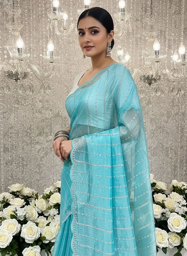 Light_Blue_Organza_Chiffon_Embroidered_Sequin_Zari_Saree_For_Women_|_With_Blouse_Piece