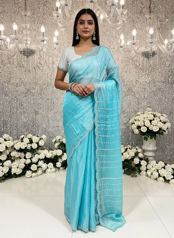 Light_Blue_Organza_Chiffon_Embroidered_Sequin_Zari_Saree_For_Women_|_With_Blouse_Piece