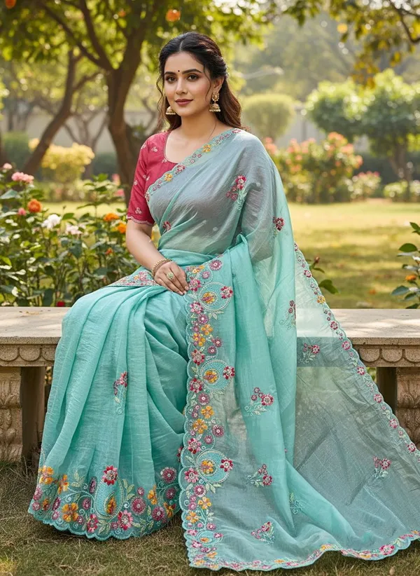 Light_Blue_Organza_Floral_Embroidered_Saree_For_Women_|_With_Blouse_Piece