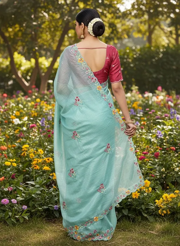 Light_Blue_Organza_Floral_Embroidered_Saree_For_Women_|_With_Blouse_Piece