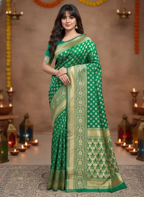 Dark_Green_Georgette_Banarasi_Woven_Saree_For_Women_|_With_Blouse_Piece