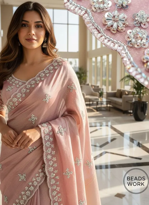 Rose_Gold_Organza_Floral_Embroidered_Sequin_Saree_For_Women_|_With_Blouse_Piece